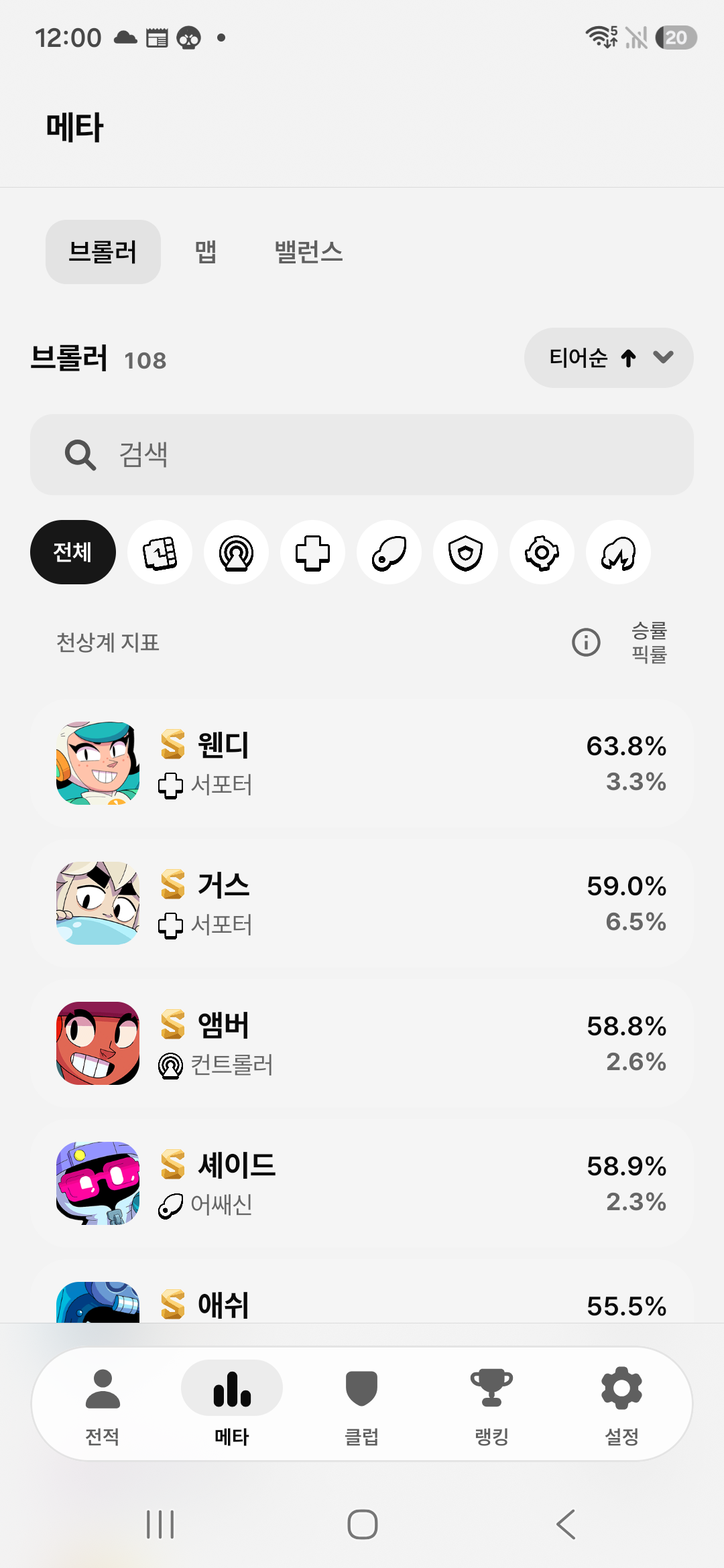 실제 Brawlit 앱의 브롤러 메타 화면